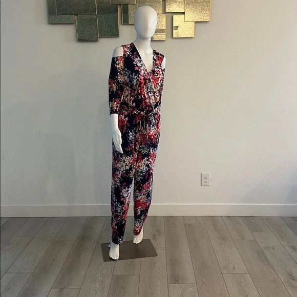 NY Collection Multicolor Floral Cold Shoulder Jumpsuit - Picture 1 of 7